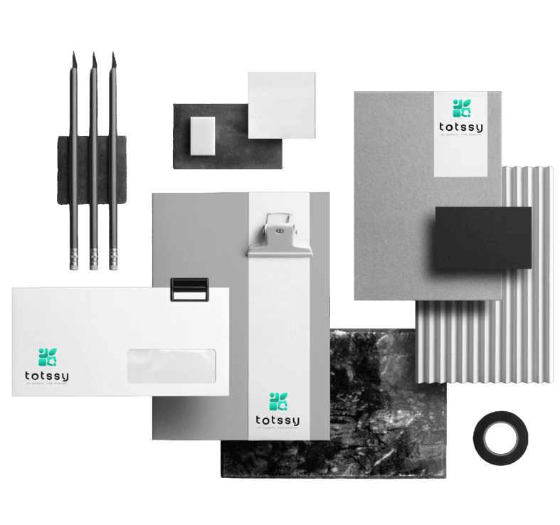 Brand identity design collateral including iPad mockup, business cards, and brand guidelines